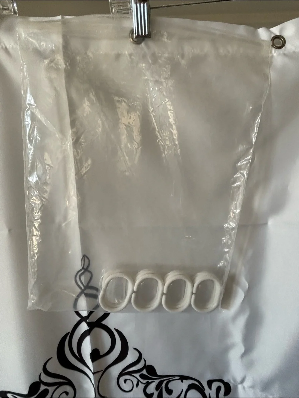Decorative Fleur-de-Lis Shower Curtain with white hooks